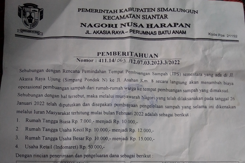 Pengumuman!!! Iuran Sampah Nagori Nusa Harapan Naik, \"Benarkah Atau Modus\"